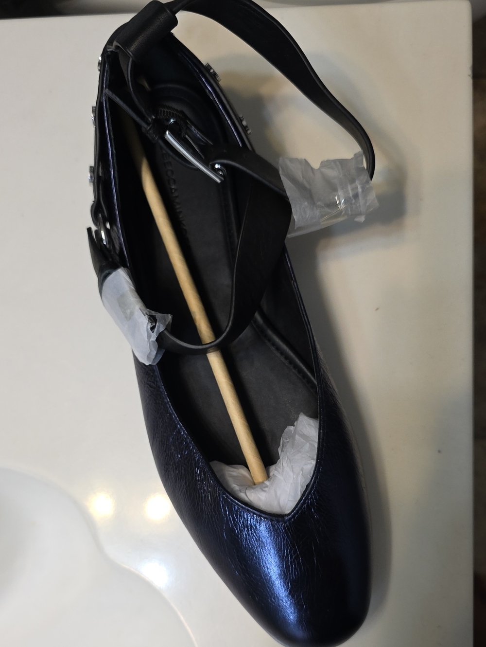 Rebecca Minkoff Black Leather Metallic Blue Ballet Flat with Ankle Strap